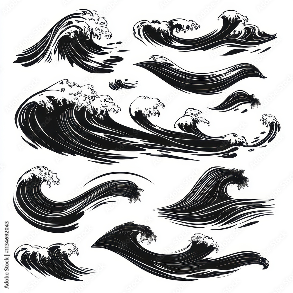 Fototapeta premium Stylized black wave designs showcasing ocean currents and movement