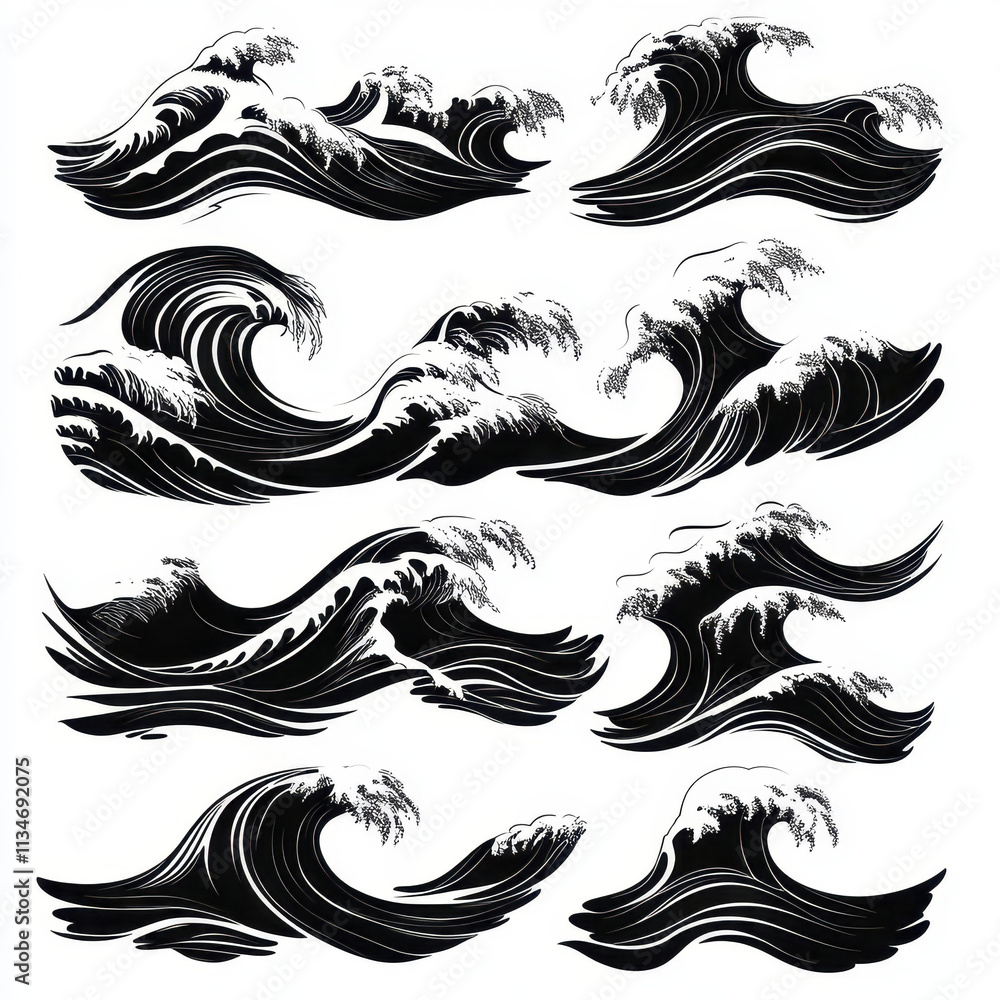 Fototapeta premium Stylized black waves and ocean currents in various shapes and sizes