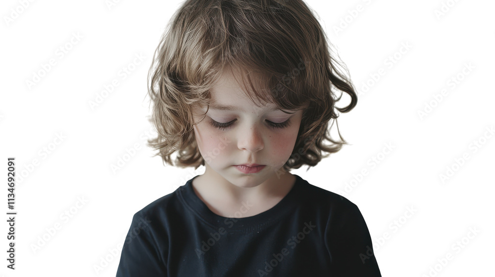 A thoughtful child with curly hair looking down while wearing a black shirt, captured in a studio setting with a neutral background. A thoughtful child with curly hair looking down while wearing a black shirt, captured in a studio setting with a neutral background.