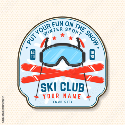 Extreme winter sport. Vector ski club retro badge, textile patch. Concept for shirt, print, seal or stamp with mountain, ski, ski glasses. Family vacation, activity or travel. For logo design, patches