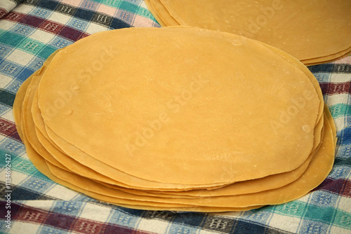 Homemade hand-rolled egg-filled yufka dough,