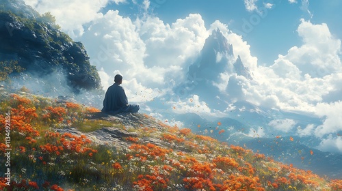 Imaginative scene of Clovis vision quest a lone figure sitting on a hillside in deep meditation surrounded by spiritual symbols in the wind blending dreamlike elements with natural landscapes photo