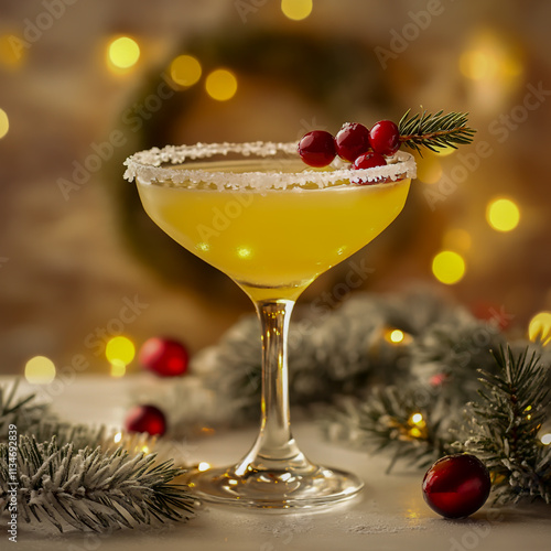 A festive margarita with a salted rim and cranberry garnish, sitting on a table adorned with Christmas wreath decorations and glowing bokeh lights isolated on white background.