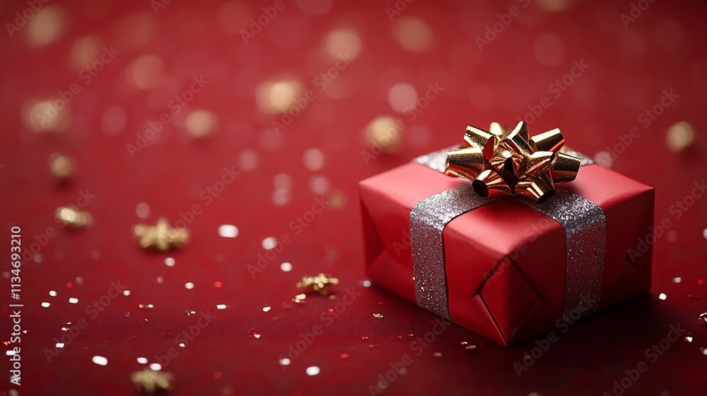 Holiday gift box wrapped in red color paper with gold and silver ribbons. background in white color. copy space, Holiday gift box wrapped in red color paper with gold and silver ribbons. background in white color. copy space,