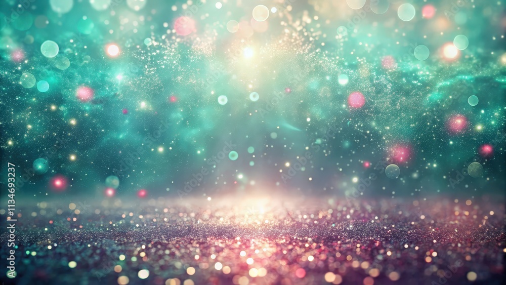 Obraz premium Sparkling glitter surface with blurred bokeh lights and a dreamy turquoise gradient background
