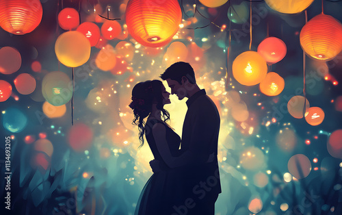 Couple in holiday Valentine Day Love in the air illustration photo