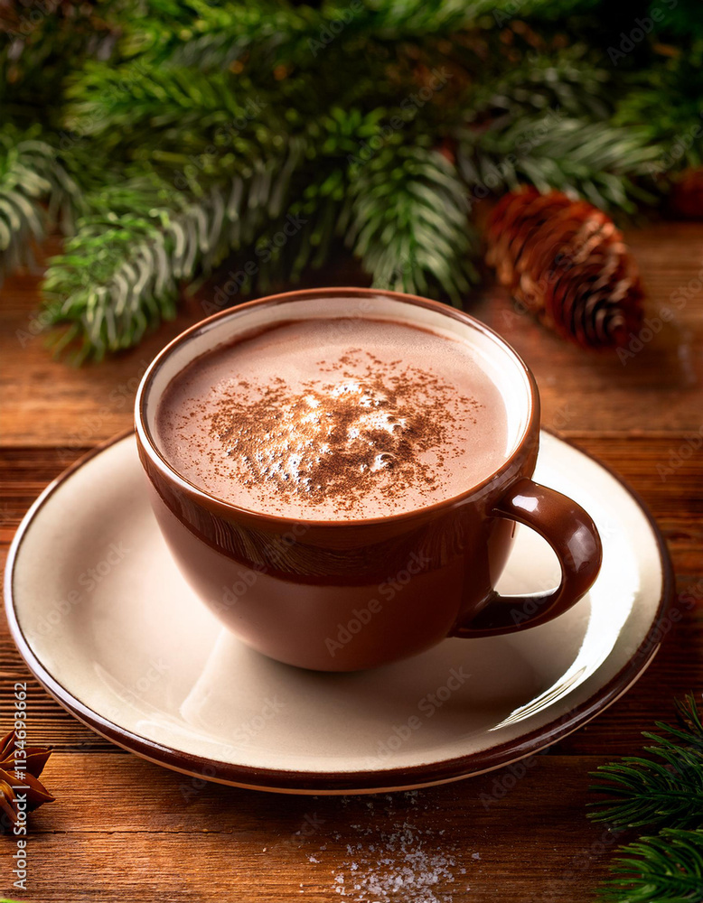 Cup of tasty winter cocoa with whipped cream on wooden table with pine branches. Coffee time Cup of tasty winter cocoa with whipped cream on wooden table with pine branches. Coffee time