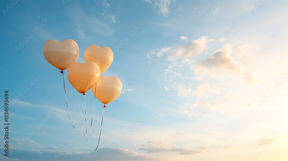 Fototapeta premium Valentine's day magic heart-shaped balloons floating in a romantic sky landscape