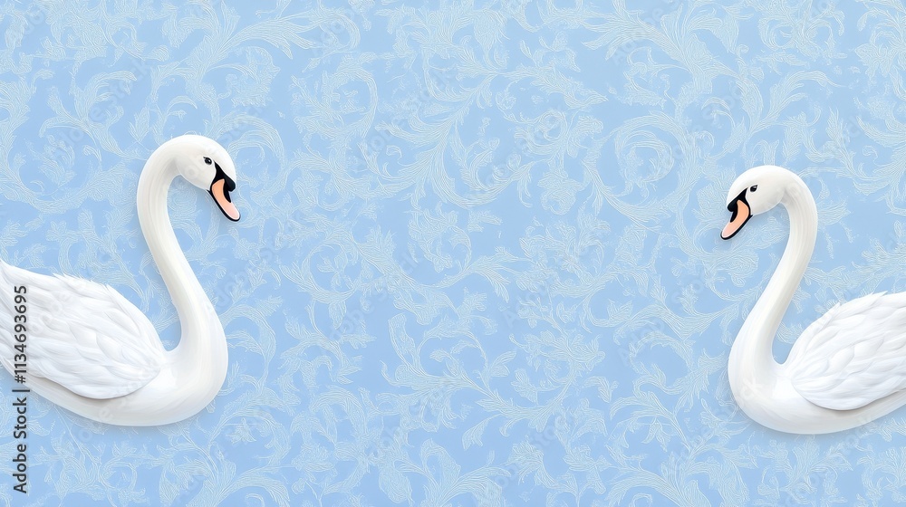 Fototapeta premium Two Elegant White Swans Against a Blue Floral Background