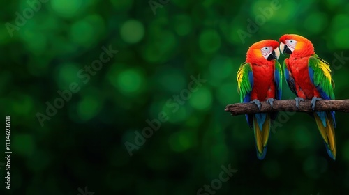 Colorful Parrots on Branch with Green Bokeh Background