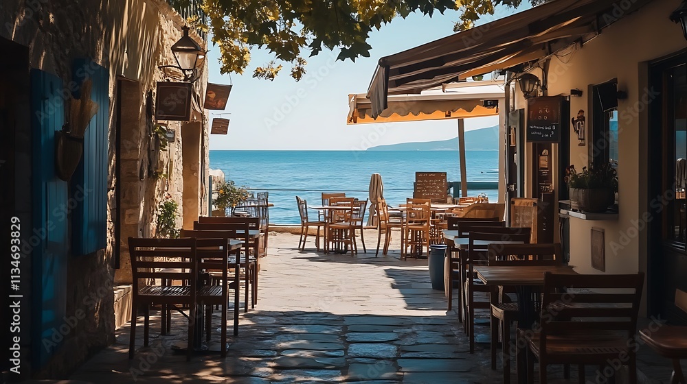 Fototapeta premium Seaside Cafe Patio Offers Tranquil Ocean Views
