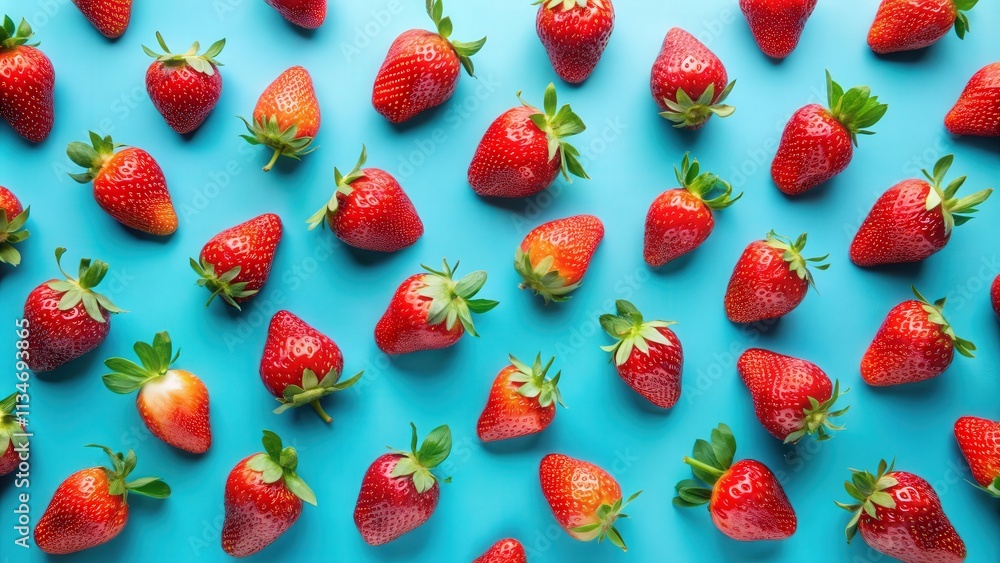 A vibrant and refreshing pattern of ripe strawberries on a bright blue background, showcasing the beauty and simplicity of nature's bounty. A vibrant and refreshing pattern of ripe strawberries on a bright blue background, showcasing the beauty and simplicity of nature's bounty.