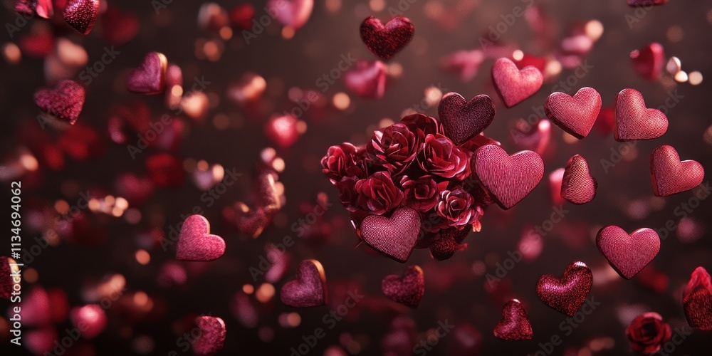 Red hearts and roses float in romantic ambiance Red hearts and roses float in romantic ambiance