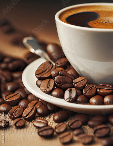 Cup of coffee with beans, hot delicious morning drink. Morning hot drink, beverage for breakfast