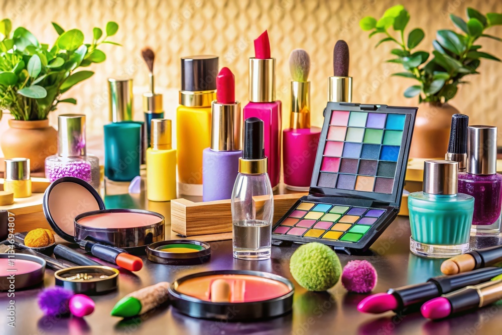 A Vibrant Display of Decorative Cosmetics by Various Makeup Artists on a Table Against a Light Wall A Vibrant Display of Decorative Cosmetics by Various Makeup Artists on a Table Against a Light Wall