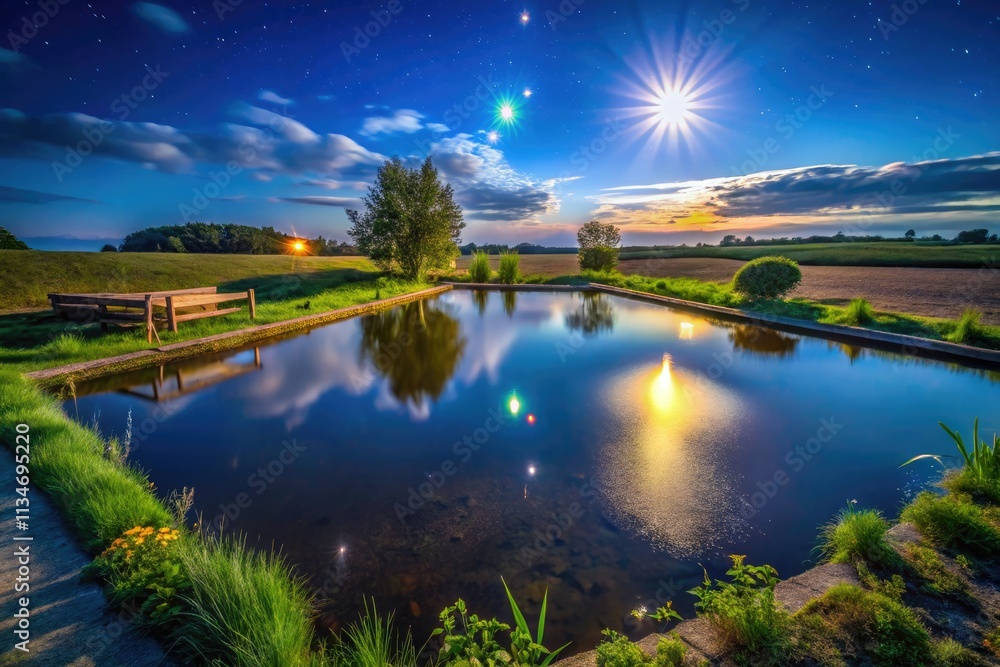 Night's embrace reveals a farm's rainwater pond, a beacon of sustainable irrigation. Night's embrace reveals a farm's rainwater pond, a beacon of sustainable irrigation.