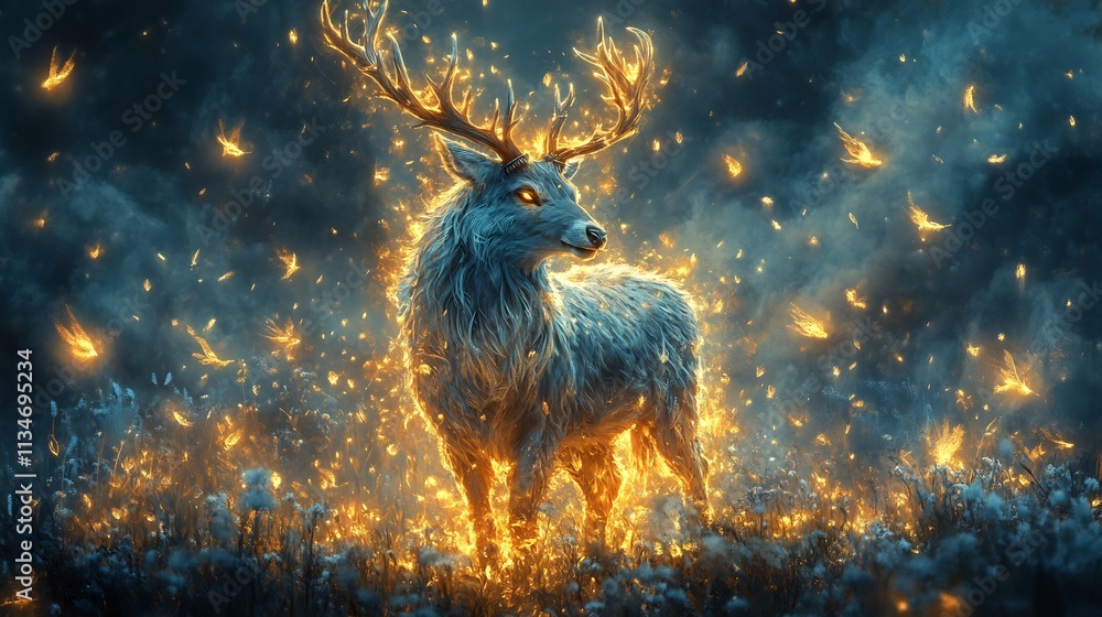 Mythological Clovis creature blending traits of deer wolves birds surrounded by glowing life symbols an artistic expression of ancient folklore and spirituality Mythological Clovis creature blending traits of deer wolves birds surrounded by glowing life symbols an artistic expression of ancient folklore and spirituality