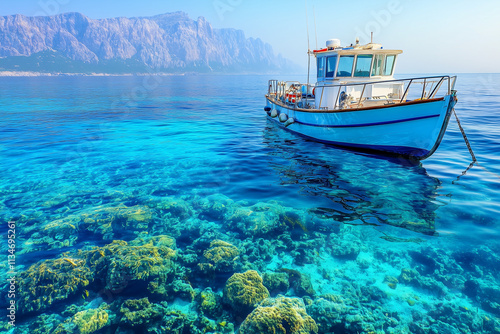 A modern glass-bottom boat floating over coral reefs in the Mediterranean Sea with copy space. Bright natural light. Underwater detail and coastal background. 