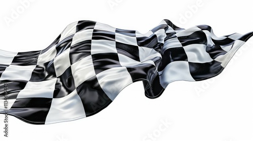 Black and white checkered flag waving in the wind isolated on white background