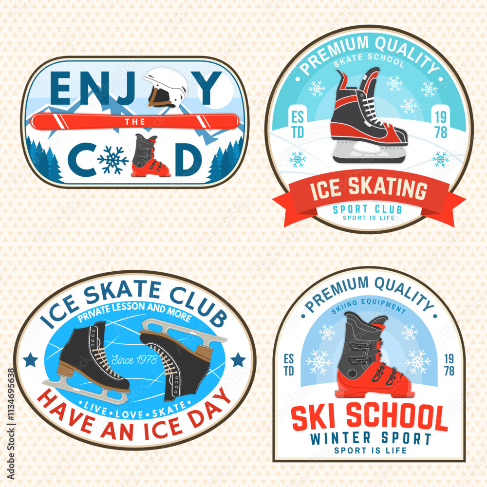 Set of ski and Ice Skate sport retro badge, textile patch. Vector shirt, print, seal or stamp with ski glasses, ski, mountain, skate, skates blades and helmet. Family vacation, activity or travel. Set of ski and Ice Skate sport retro badge, textile patch. Vector shirt, print, seal or stamp with ski glasses, ski, mountain, skate, skates blades and helmet. Family vacation, activity or travel.