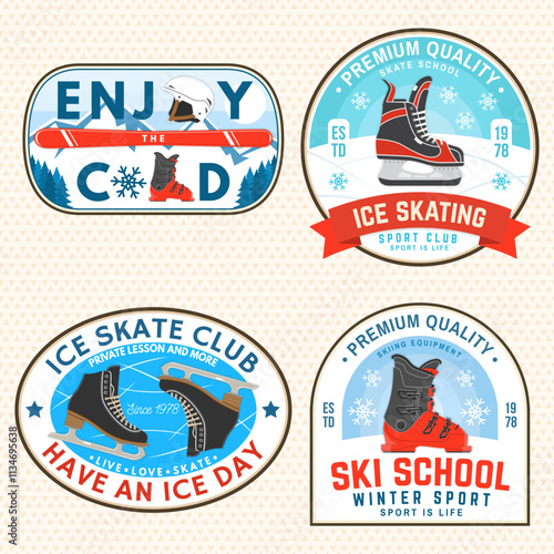 Set of ski and Ice Skate sport retro badge, textile patch. Vector shirt, print, seal or stamp with ski glasses, ski, mountain, skate, skates blades and helmet. Family vacation, activity or travel.