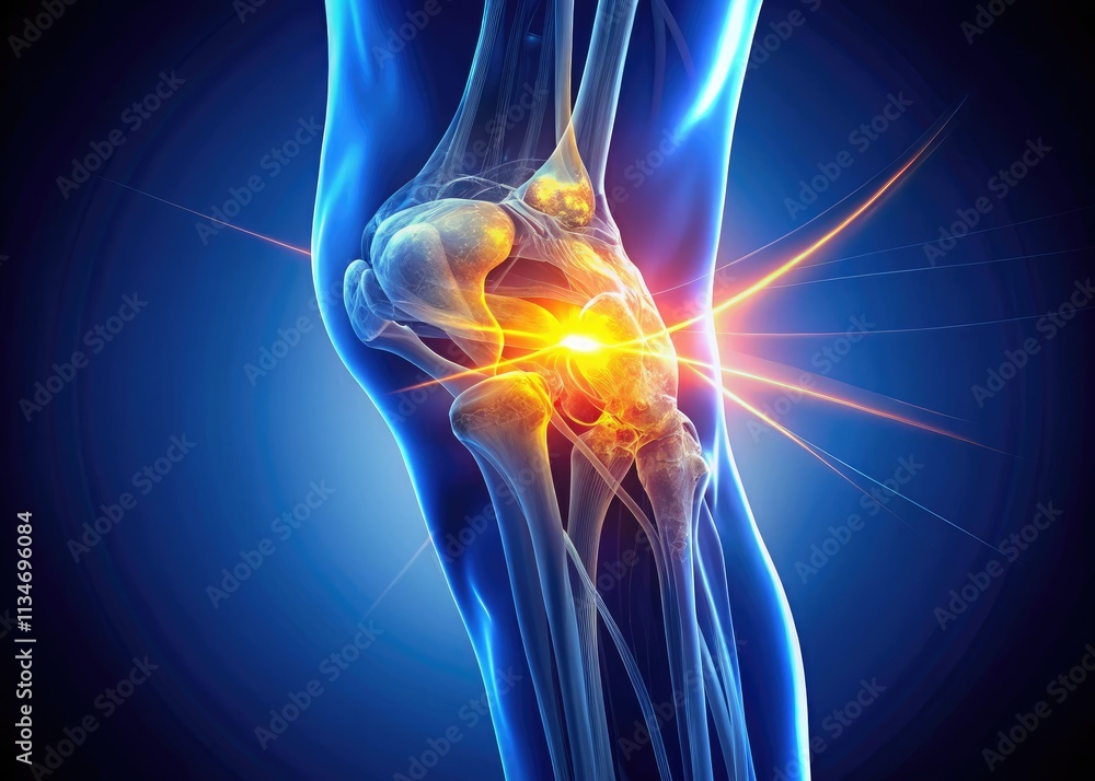 Night's glow illuminates an inflamed knee joint, showcasing nerve anatomy in detailed medical illustration. Night's glow illuminates an inflamed knee joint, showcasing nerve anatomy in detailed medical illustration.