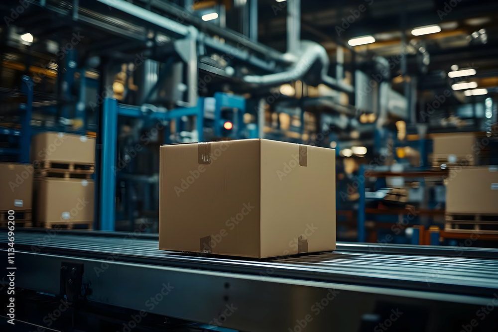 Cardboard box on conveyor belt in factory. Cardboard box on conveyor belt in factory.