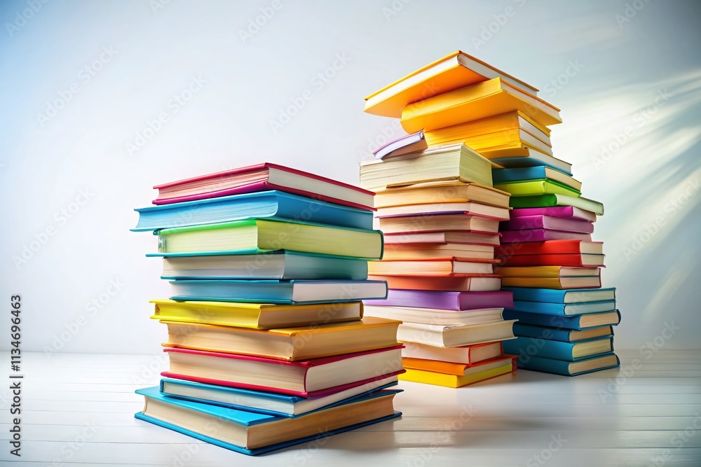 A Vibrant Stack of Colorful Books on a White Background Captured in Long Exposure, Showcasing the Beauty of Literature and Imagination in a Creative Artistic Style A Vibrant Stack of Colorful Books on a White Background Captured in Long Exposure, Showcasing the Beauty of Literature and Imagination in a Creative Artistic Style