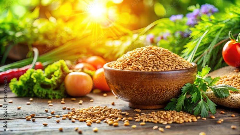 A wooden bowl overflowing with golden seeds, set against a backdrop of vibrant green foliage and a sun-drenched wooden table, capturing the essence of a bountiful harvest. A wooden bowl overflowing with golden seeds, set against a backdrop of vibrant green foliage and a sun-drenched wooden table, capturing the essence of a bountiful harvest.