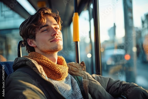 Candid photo of young man commuting by bus enjoying urban life photo