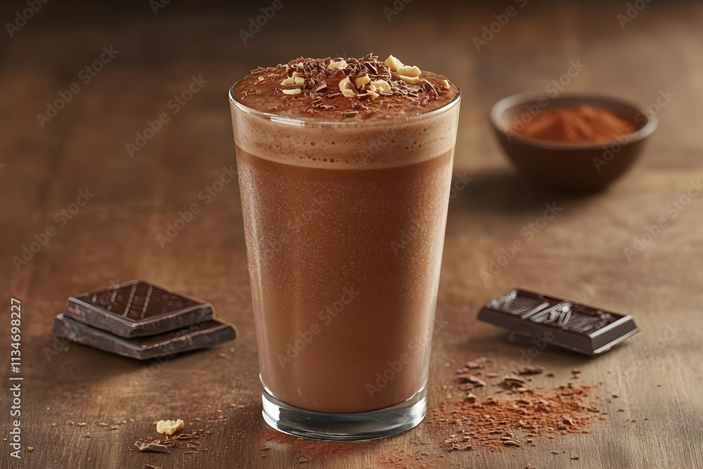 Chocolate milkshake in a tall glass with chocolate shavings and pieces. Chocolate milkshake in a tall glass with chocolate shavings and pieces.