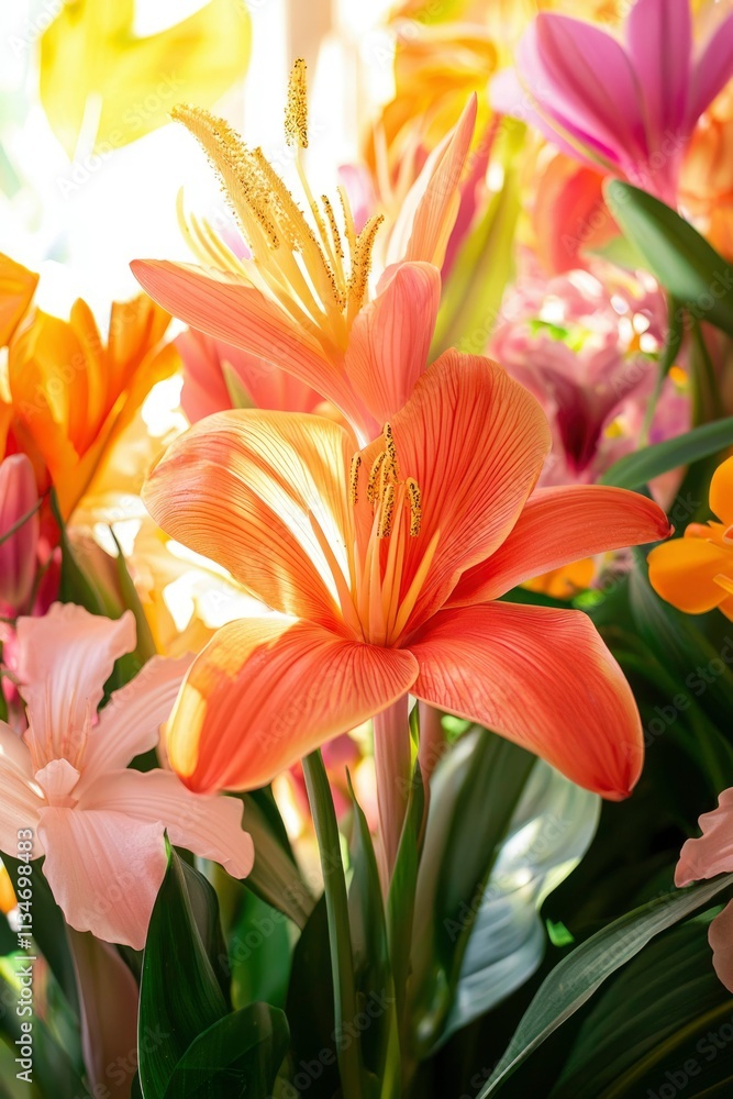 Fototapeta premium A Closeup Of A Peach Colored Lily Amongst Other Blooms