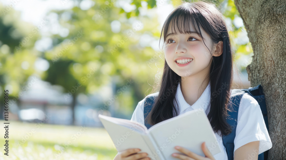 Japanese girl sitting on grass under the tree reading a book studying Japanese girl sitting on grass under the tree reading a book studying