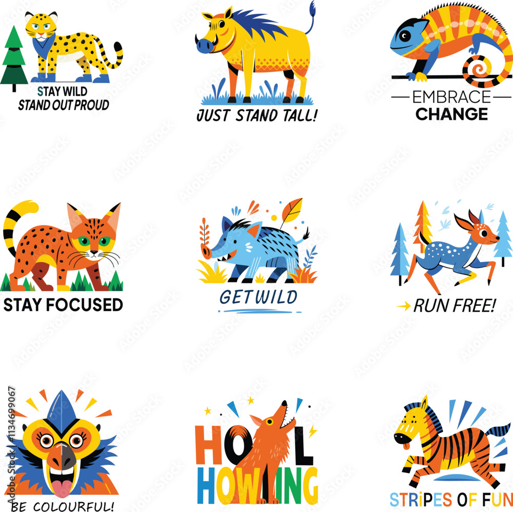Fototapeta premium Set of Flat Style Animal Character Stickers 