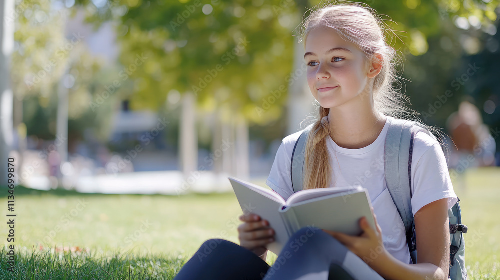 Obraz premium Caucasian girl sitting on grass under the tree reading a book studying