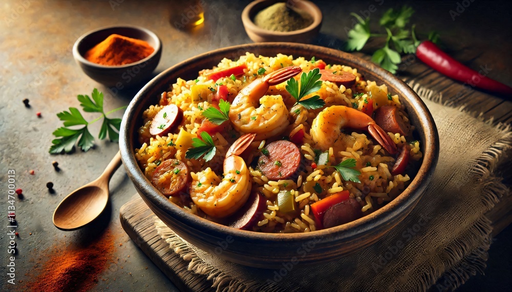 Steaming Bowl of Jambalaya with Fluffy Rice, Shrimp, Sausage, and Bell Peppers, Garnished with Fresh Parsley – Served in Rustic Earthenware Bowl with Wooden Spoon on the Side Steaming Bowl of Jambalaya with Fluffy Rice, Shrimp, Sausage, and Bell Peppers, Garnished with Fresh Parsley – Served in Rustic Earthenware Bowl with Wooden Spoon on the Side