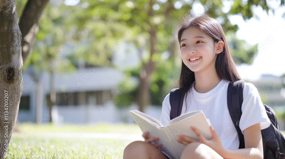 Obraz premium Canadian girl sitting on grass under the tree reading a book studying