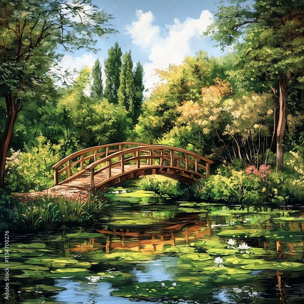 Scenic bridge over a tranquil pond surrounded by lush greenery and vibrant flowers. Scenic bridge over a tranquil pond surrounded by lush greenery and vibrant flowers.