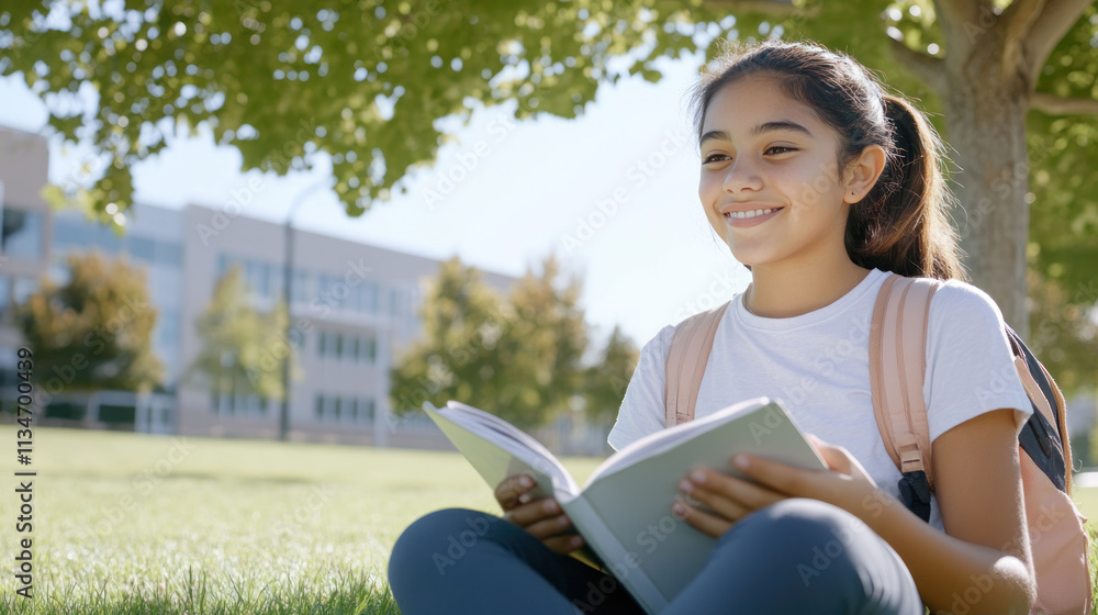 Fototapeta premium Hispanic girl sitting on grass under the tree reading a book studying