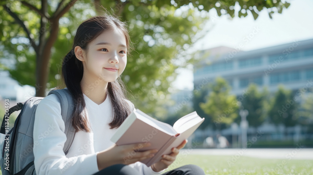 Korean girl sitting on grass under the tree reading a book studying Korean girl sitting on grass under the tree reading a book studying