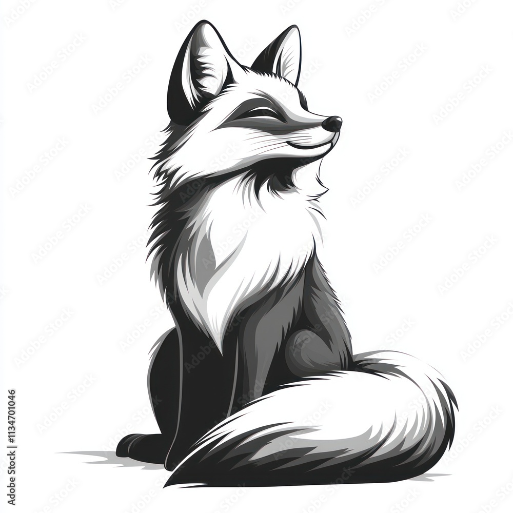 Obraz premium Happy grayscale fox sitting, looking up, fluffy tail.