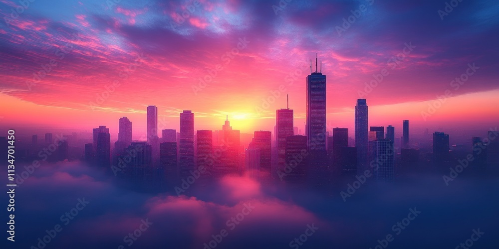 Foggy City Skyline with High-Rise Buildings and Construction Cranes in Soft Focus Foggy City Skyline with High-Rise Buildings and Construction Cranes in Soft Focus