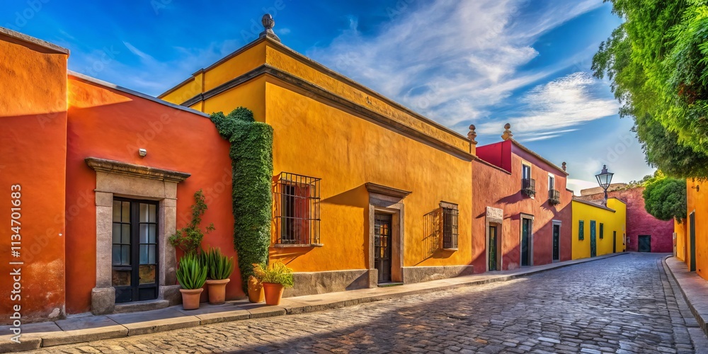 Naklejka premium Minimalist Photography of a Bright Building in San Miguel De Allende, Mexico, Showcasing Vibrant Colors and Architectural Simplicity in a Serene Urban Environment