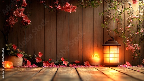 Serene Lantern & Blossoms on Wooden Deck