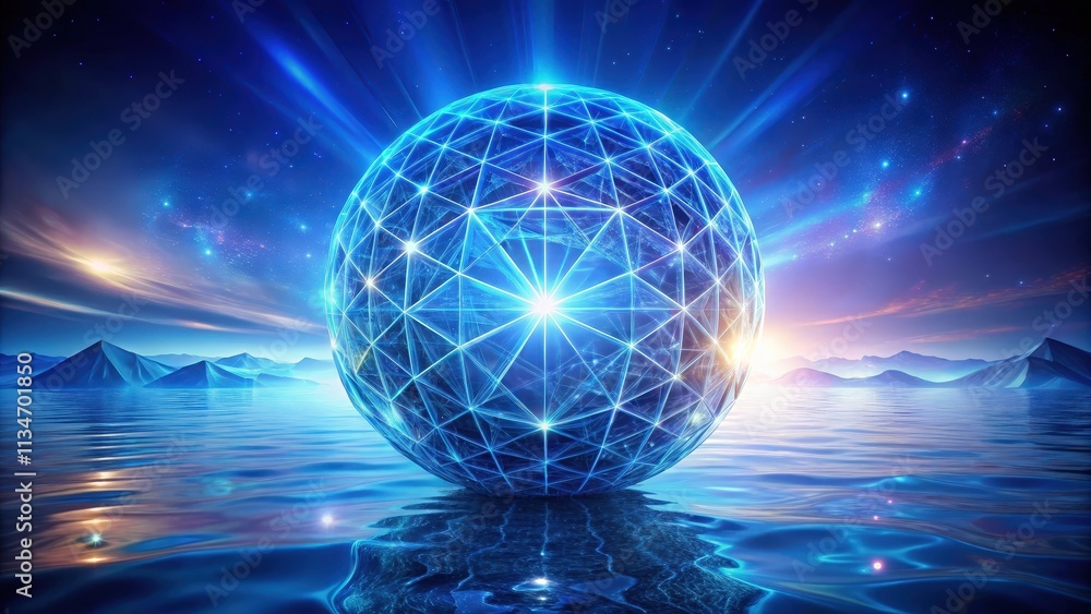A glowing sphere of connected lines and points rests on a calm ocean reflecting the surrounding mountains and starry night sky. A glowing sphere of connected lines and points rests on a calm ocean reflecting the surrounding mountains and starry night sky.