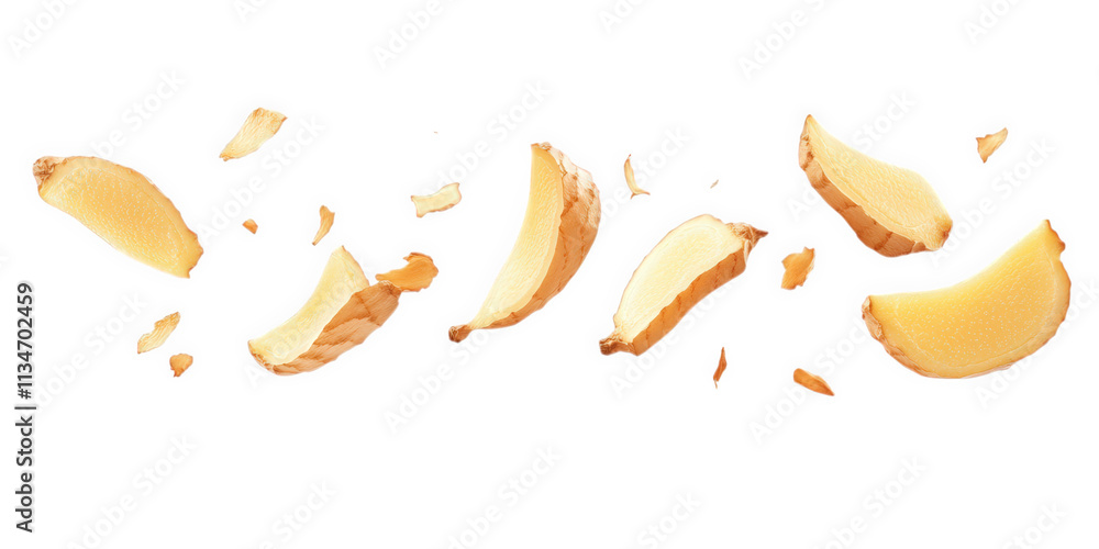 Slices of ginger falling on black background, on transparent background , png Slices of ginger falling on black background, on transparent background , png