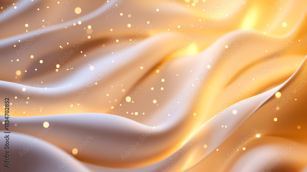 Beautiful golden silk fabric with soft waves and sparkling particles for a magical touch. Beautiful golden silk fabric with soft waves and sparkling particles for a magical touch.