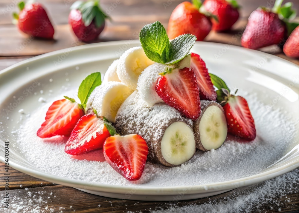 Minimalist Photography of Brazilian Tapioca Filled with Chocolate, Fresh Strawberries, and Bananas, Dusted with Powdered Sugar on a Clean White Plate Minimalist Photography of Brazilian Tapioca Filled with Chocolate, Fresh Strawberries, and Bananas, Dusted with Powdered Sugar on a Clean White Plate