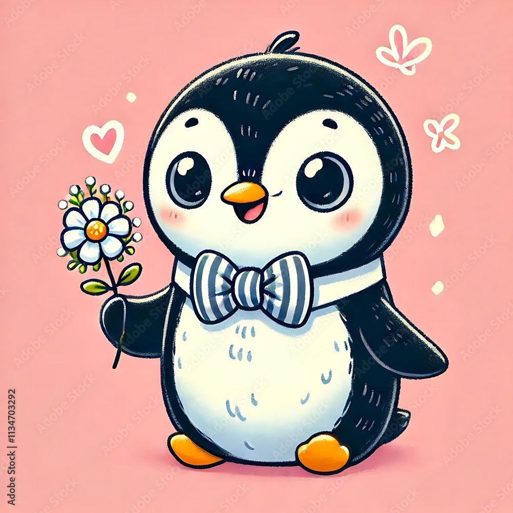 Obraz premium Cute penguin holding a flower with a bowtie.