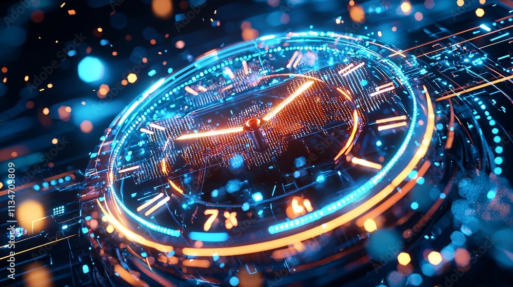 new year and celebration and festivity concept. Futuristic Clock Interface with Neon Data Elements new year and celebration and festivity concept. Futuristic Clock Interface with Neon Data Elements